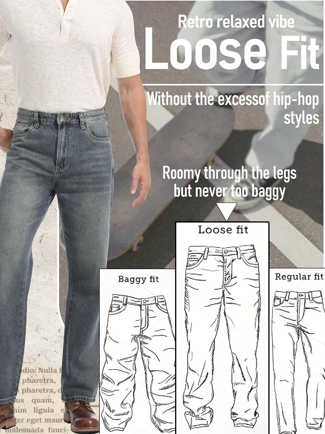 Men's Loose Fit Jeans Wide Leg Medium Weight Denim Pants Vintage Washed
