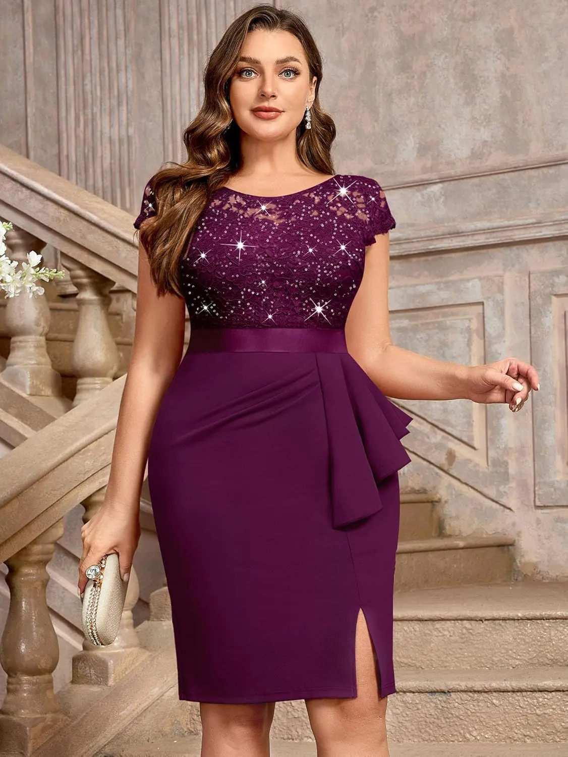 MISSMAY Women's Plus Size Sequin Floral Lace Ruffle Split Elegant Cocktail Party Dress