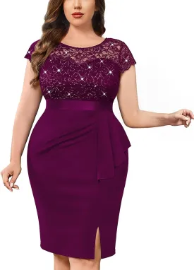 MISSMAY Women's Plus Size Sequin Floral Lace Ruffle Split Elegant Cocktail Party Dress