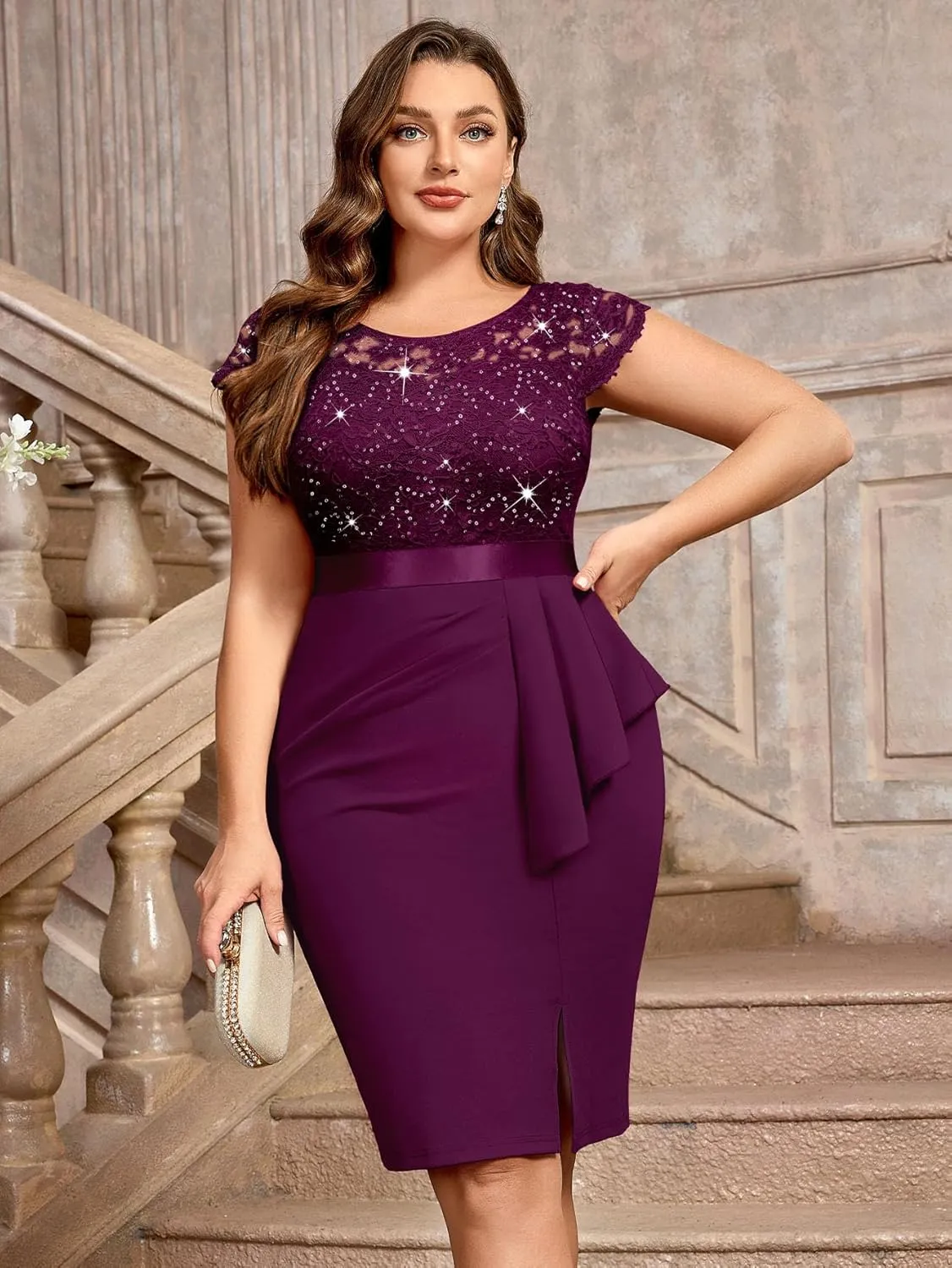 MISSMAY Women's Plus Size Sequin Floral Lace Ruffle Split Elegant Cocktail Party Dress