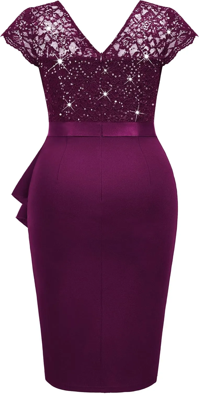 MISSMAY Women's Plus Size Sequin Floral Lace Ruffle Split Elegant Cocktail Party Dress