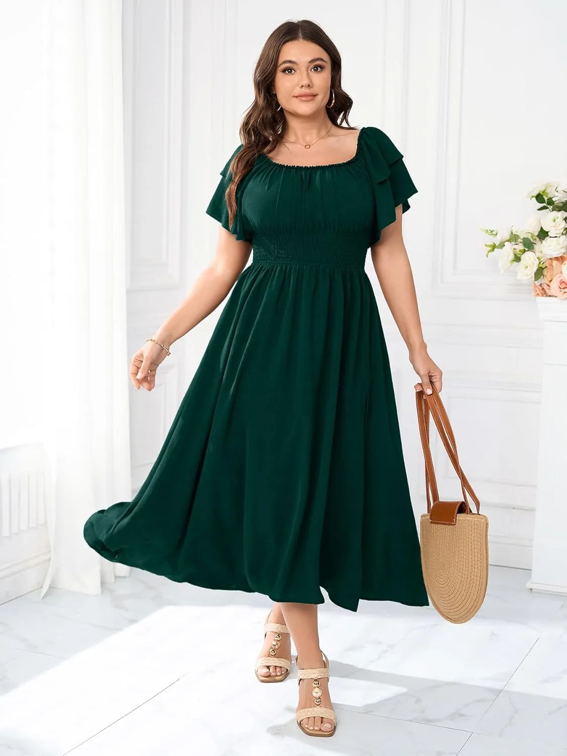 Plus Size Maxi Dress Off The Shoulder Ruffle Smocked Wedding Guest Cocktail Slit Hem Flowy Dresses for Curvy Women