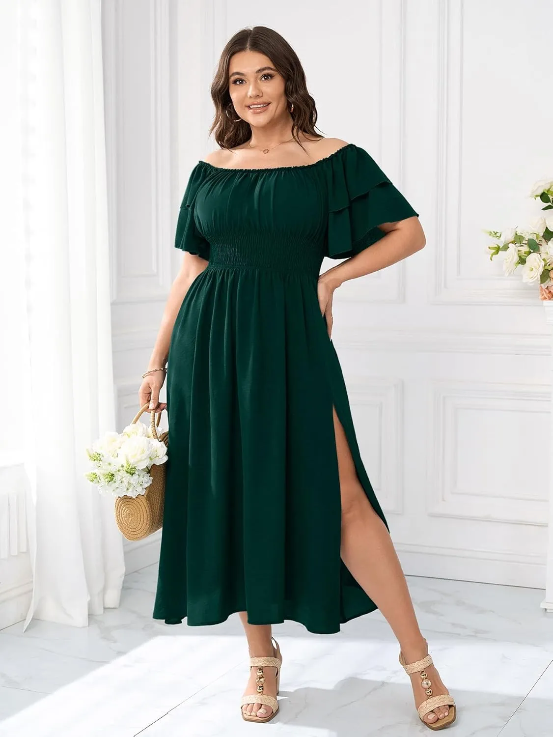Plus Size Maxi Dress Off The Shoulder Ruffle Smocked Wedding Guest Cocktail Slit Hem Flowy Dresses for Curvy Women