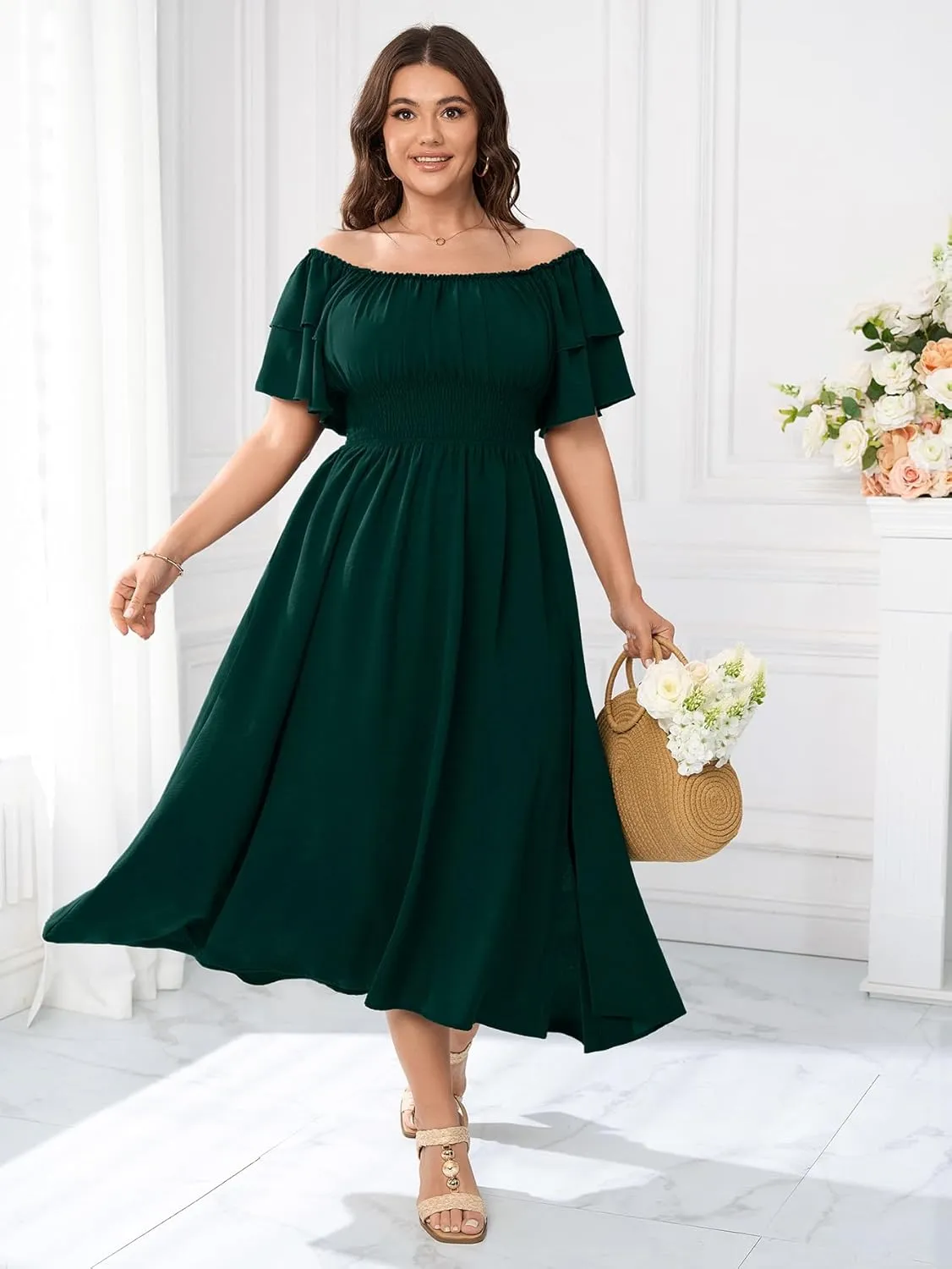 Plus Size Maxi Dress Off The Shoulder Ruffle Smocked Wedding Guest Cocktail Slit Hem Flowy Dresses for Curvy Women