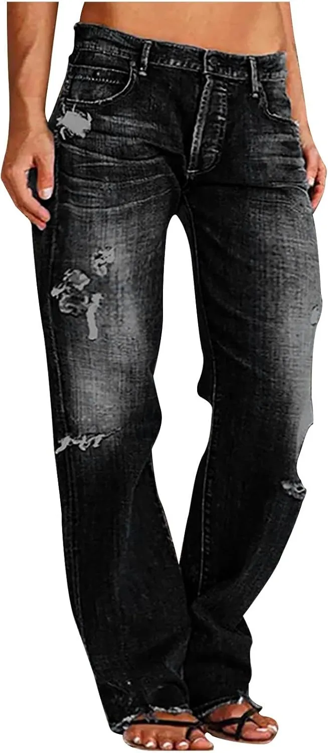 Ruziyoog Womens Distressed Jeans Straight Leg Button Down Low Rise Ripped Jeans Boyfriend Denim Pants Baggy Cargo Pants