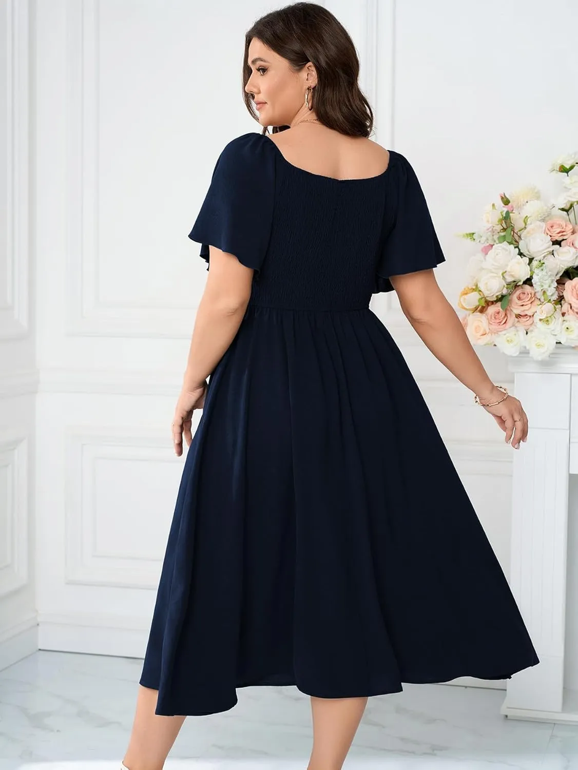 SCOMCHIC Women Plus Size Midi Dresses Short Sleeve V Neck Twist Front Summer Wedding Guest Smocked Flowy A Line Dress