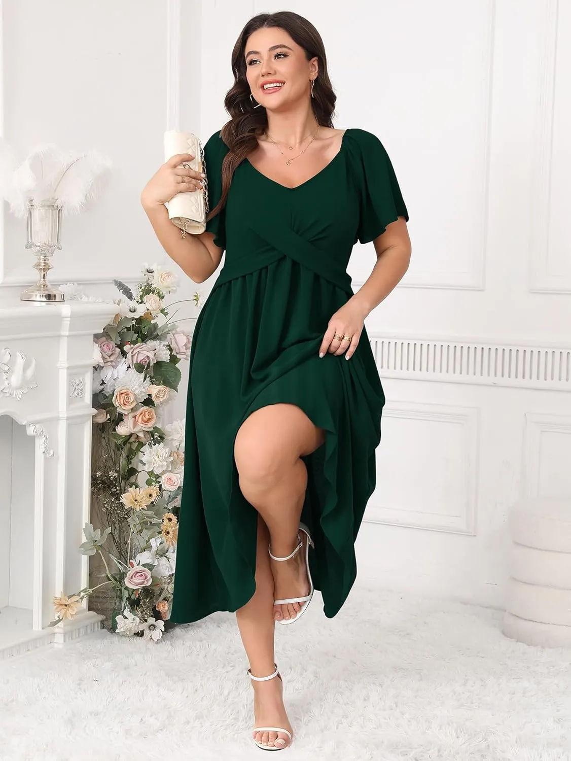SCOMCHIC Women Plus Size Midi Dresses Short Sleeve V Neck Twist Front Summer Wedding Guest Smocked Flowy A Line Dress