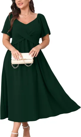 SCOMCHIC Women Plus Size Midi Dresses Short Sleeve V Neck Twist Front Summer Wedding Guest Smocked Flowy A Line Dress