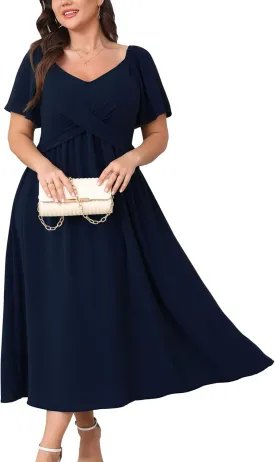 SCOMCHIC Women Plus Size Midi Dresses Short Sleeve V Neck Twist Front Summer Wedding Guest Smocked Flowy A Line Dress