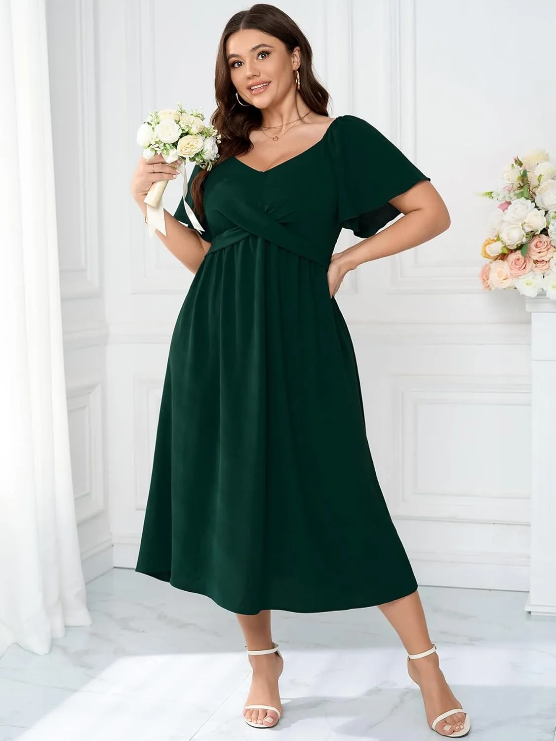 SCOMCHIC Women Plus Size Midi Dresses Short Sleeve V Neck Twist Front Summer Wedding Guest Smocked Flowy A Line Dress