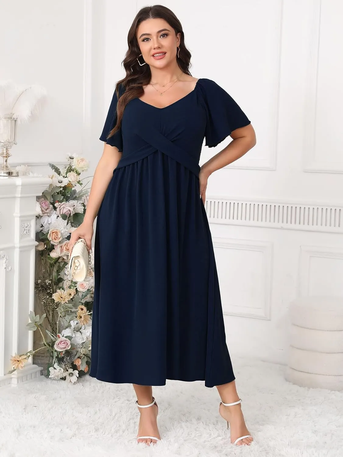 SCOMCHIC Women Plus Size Midi Dresses Short Sleeve V Neck Twist Front Summer Wedding Guest Smocked Flowy A Line Dress