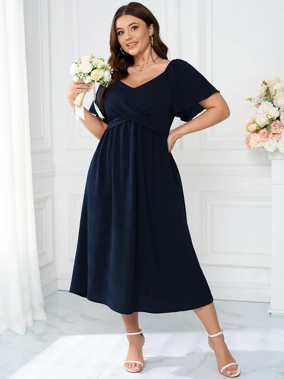 SCOMCHIC Women Plus Size Midi Dresses Short Sleeve V Neck Twist Front Summer Wedding Guest Smocked Flowy A Line Dress