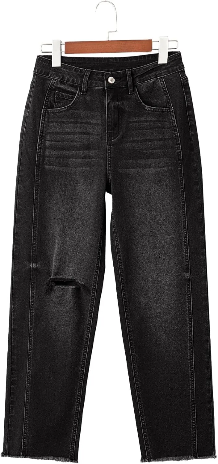 Sidefeel Women's High Waisted Boyfriend Jeans Trendy Ripped Straight Leg Raw Hem Stretchy Ankle Denim Pants