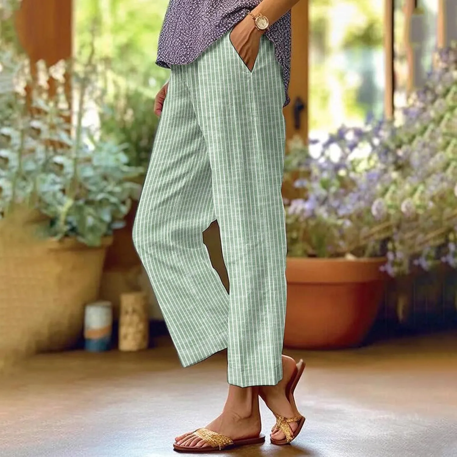 Striped Linen Pants for Women Plus Size Elastic Waist Straight Leg Cropped Trousers Summer Casual Beach Vacation Clothes