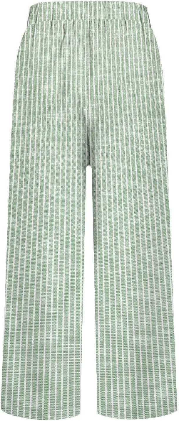 Striped Linen Pants for Women Plus Size Elastic Waist Straight Leg Cropped Trousers Summer Casual Beach Vacation Clothes