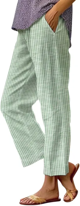 Striped Linen Pants for Women Plus Size Elastic Waist Straight Leg Cropped Trousers Summer Casual Beach Vacation Clothes