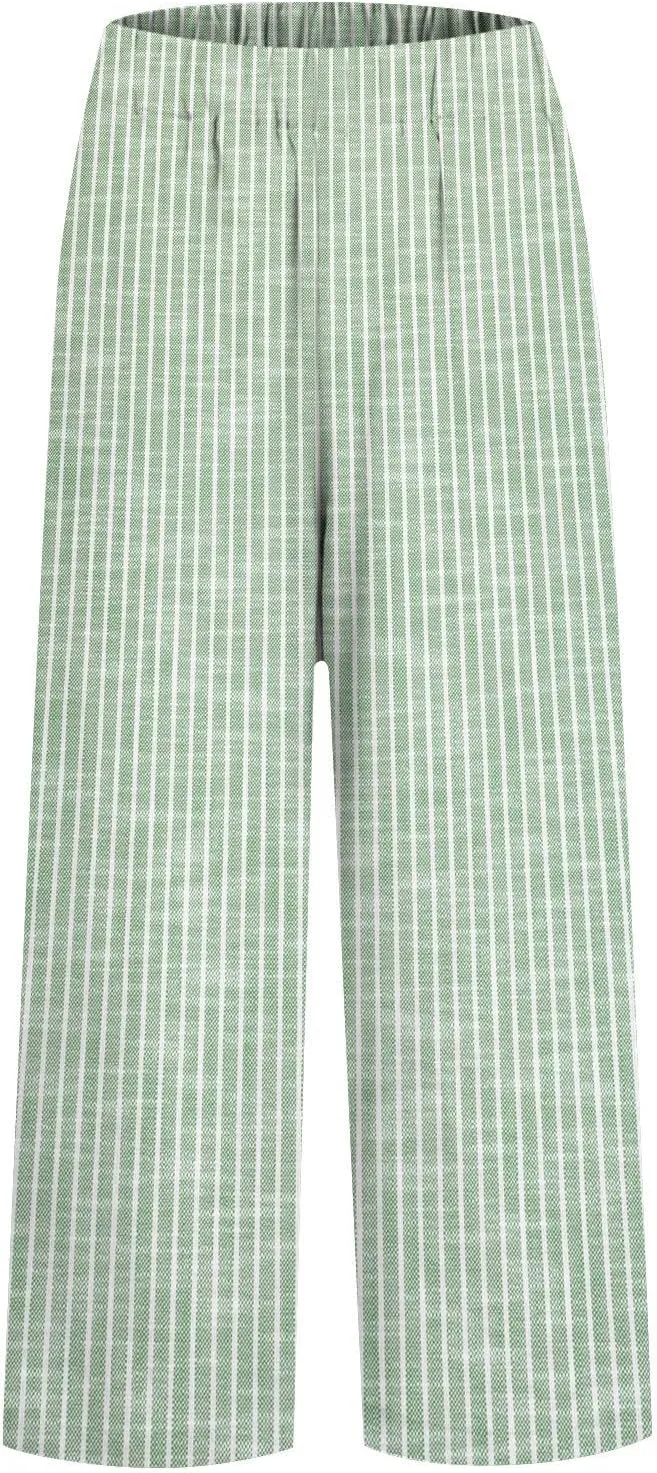 Striped Linen Pants for Women Plus Size Elastic Waist Straight Leg Cropped Trousers Summer Casual Beach Vacation Clothes