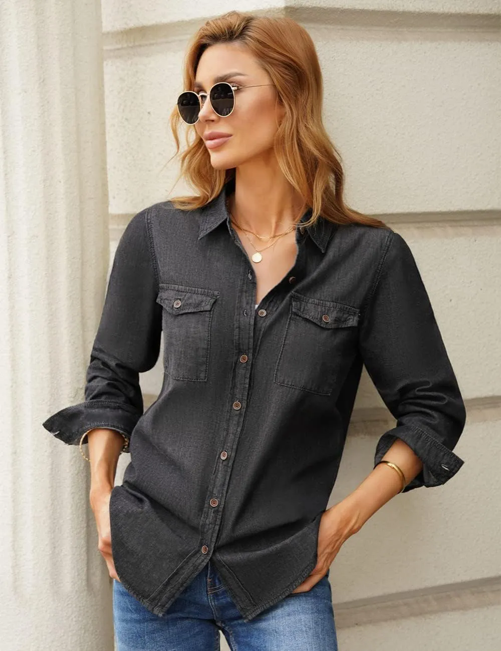 Vetinee Women's Button Down Denim Shirt Collared Casual Long Sleeve Pocket Tops