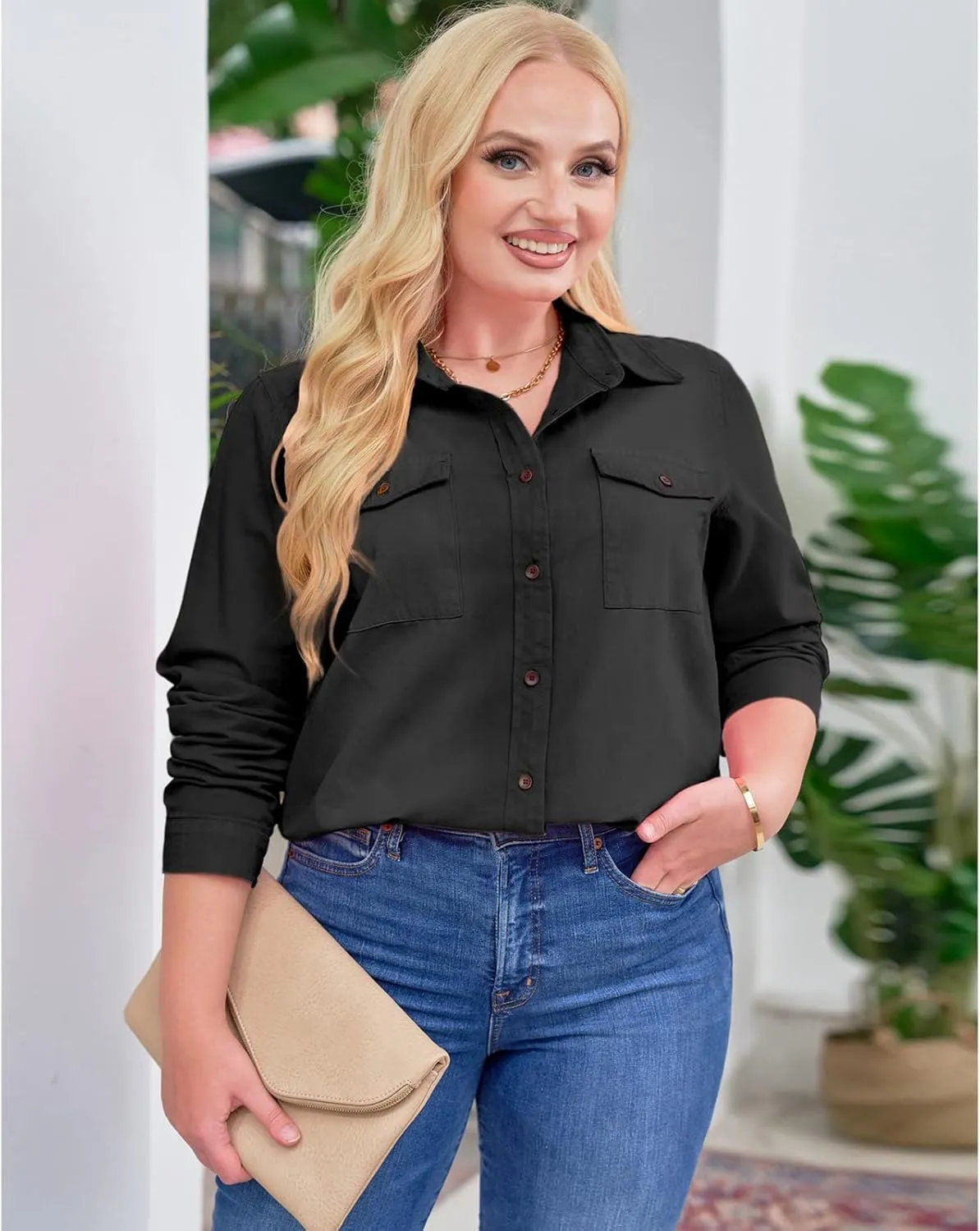 Vetinee Women's Button Down Denim Shirt Collared Casual Long Sleeve Pocket Tops