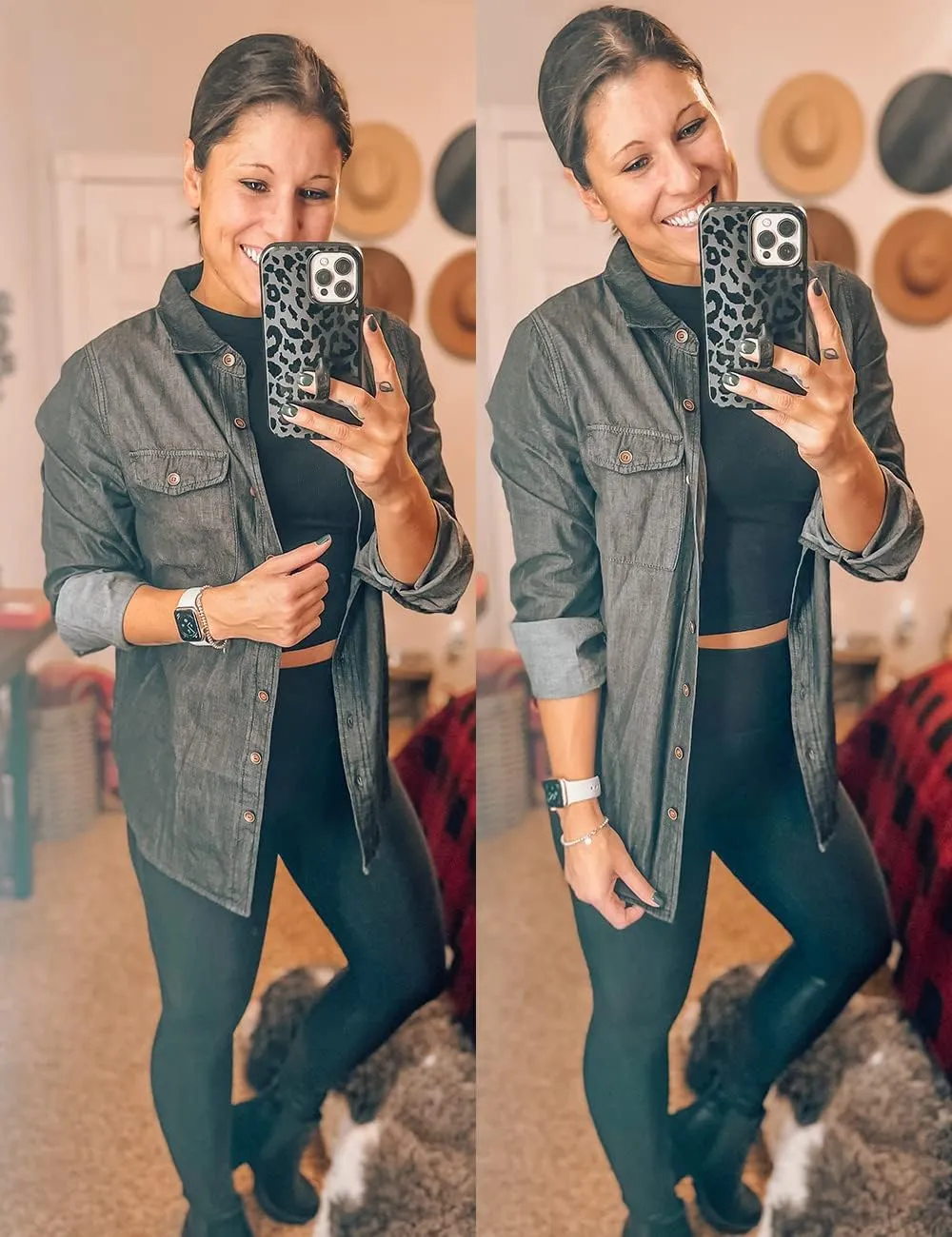 Vetinee Women's Button Down Denim Shirt Collared Casual Long Sleeve Pocket Tops