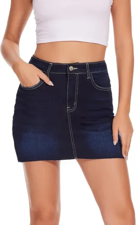 VIPONES Women Denim Skirt High Waist Raw Hem Stretch Ripped Casual Mini Jean Skirts
