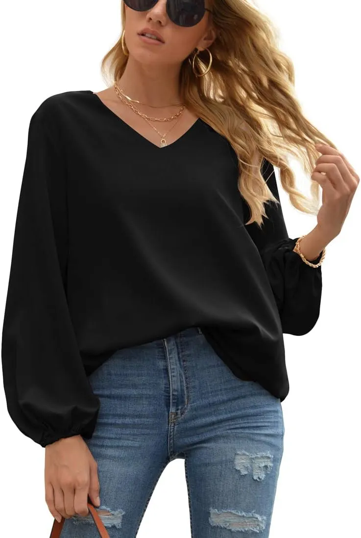 WANGZHI Women's Casual Sweet & Cute Loose Shirt Balloon Sleeve V-Neck Blouse Top