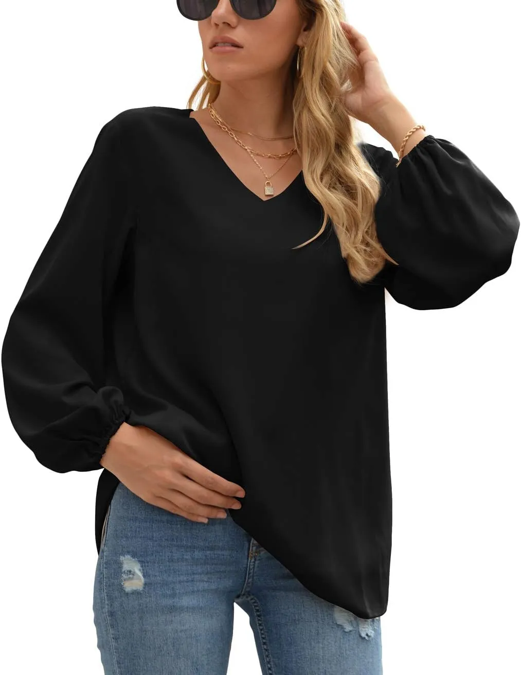 WANGZHI Women's Casual Sweet & Cute Loose Shirt Balloon Sleeve V-Neck Blouse Top
