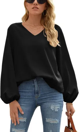 WANGZHI Women's Casual Sweet & Cute Loose Shirt Balloon Sleeve V-Neck Blouse Top