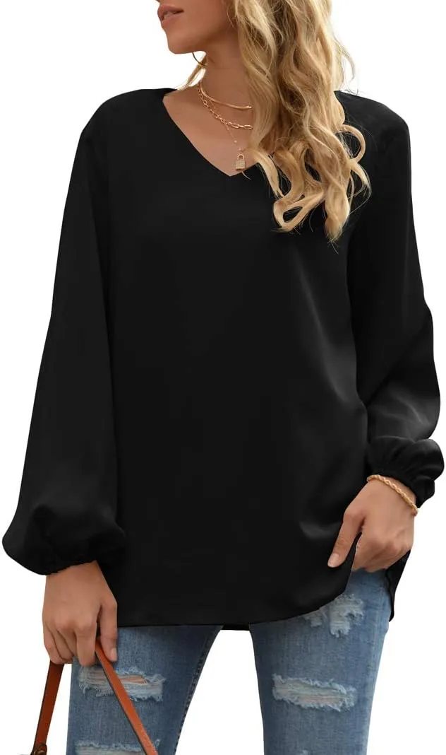 WANGZHI Women's Casual Sweet & Cute Loose Shirt Balloon Sleeve V-Neck Blouse Top