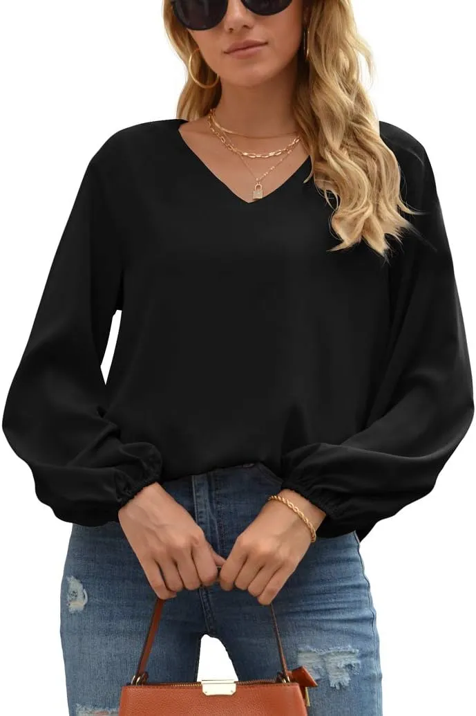 WANGZHI Women's Casual Sweet & Cute Loose Shirt Balloon Sleeve V-Neck Blouse Top