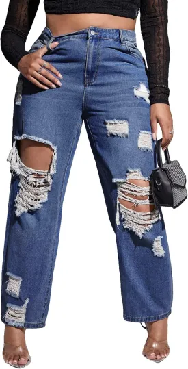 WDIRARA Women's Plus Size Ripped High Waist Cut Out Straight Leg Jeans Denim Pants
