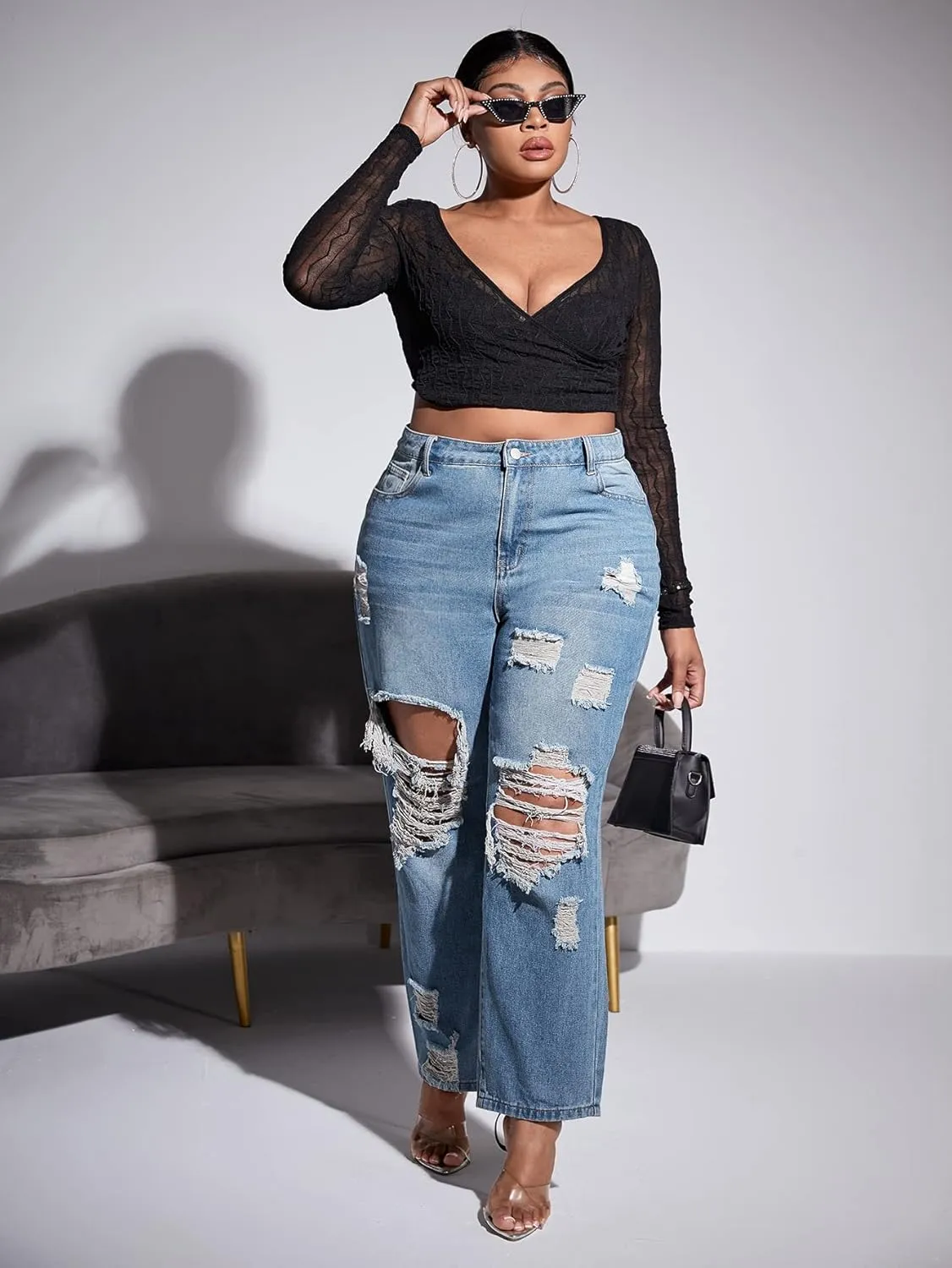 WDIRARA Women's Plus Size Ripped High Waist Cut Out Straight Leg Jeans Denim Pants