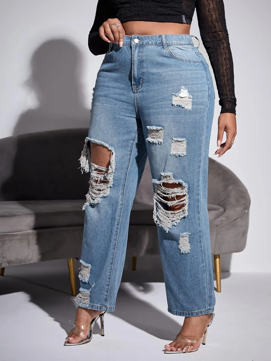 WDIRARA Women's Plus Size Ripped High Waist Cut Out Straight Leg Jeans Denim Pants