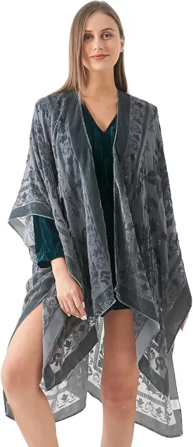 WeHello Women's Burnout Velvet Kimono Long Cardigan Cover Up Without Tassel (Gray-2)