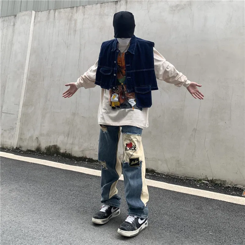 Wiaofellas  -  Ripped American Jeans Men's Fashion Streetwear Stitching Hip Hop Irregular Design Denim Pants  Spring New Trousers 9828