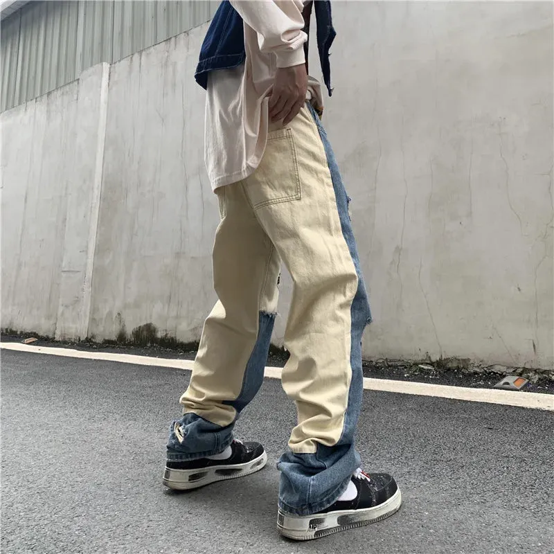 Wiaofellas  -  Ripped American Jeans Men's Fashion Streetwear Stitching Hip Hop Irregular Design Denim Pants  Spring New Trousers 9828