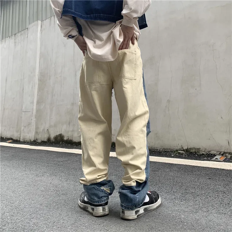 Wiaofellas  -  Ripped American Jeans Men's Fashion Streetwear Stitching Hip Hop Irregular Design Denim Pants  Spring New Trousers 9828