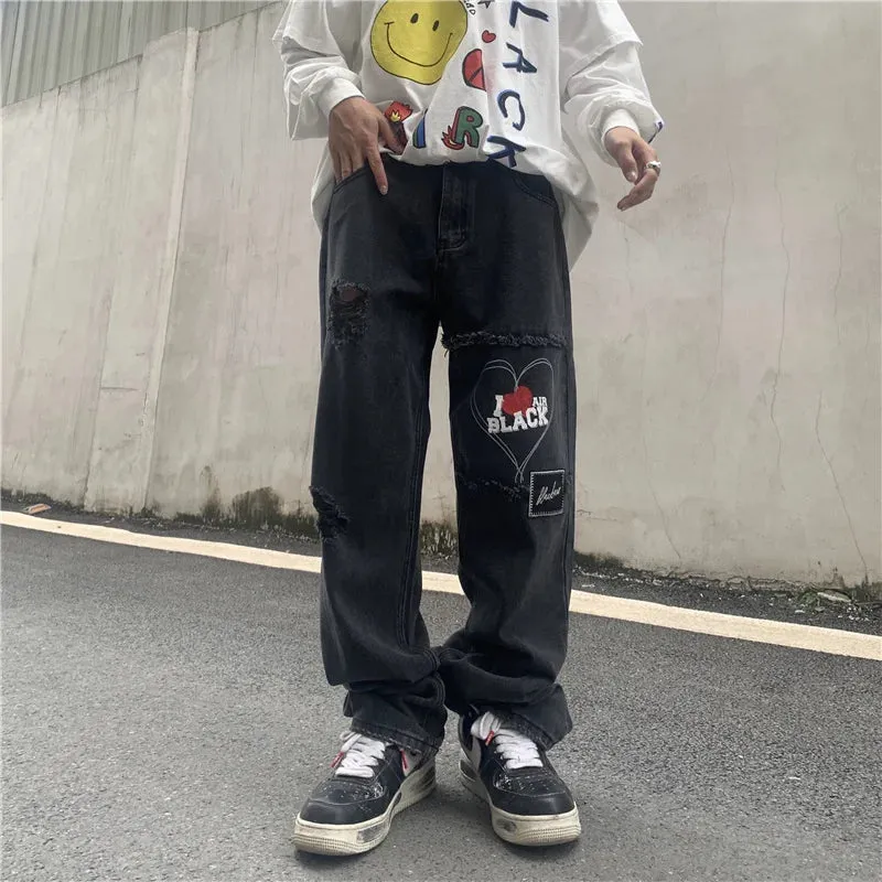 Wiaofellas  -  Ripped American Jeans Men's Fashion Streetwear Stitching Hip Hop Irregular Design Denim Pants  Spring New Trousers 9828