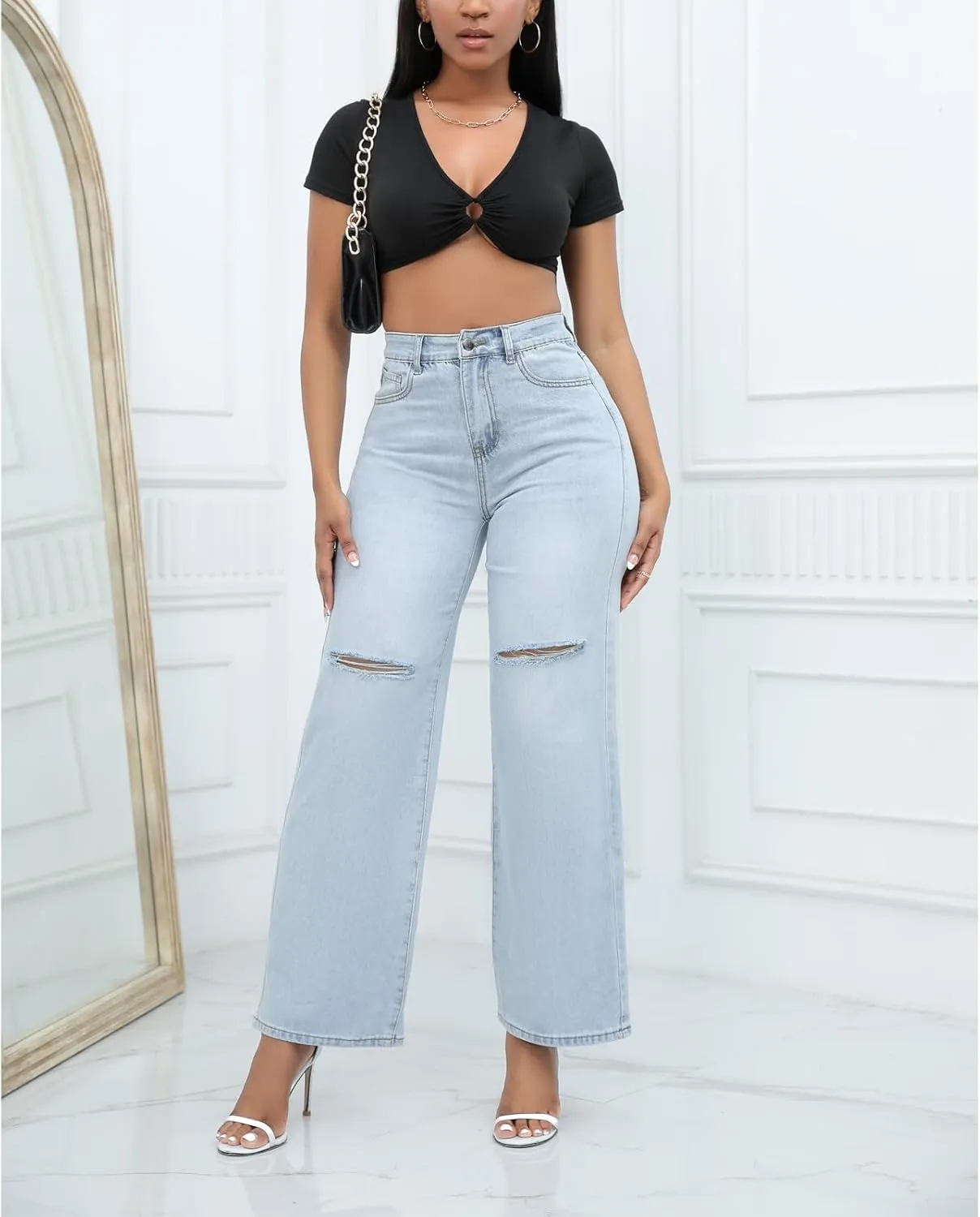 Women Stretchy Distressed Wide Leg Jeans Ripped Mom Baggy Straight Boyfriend Trendy Trouser Denim Pants for Women