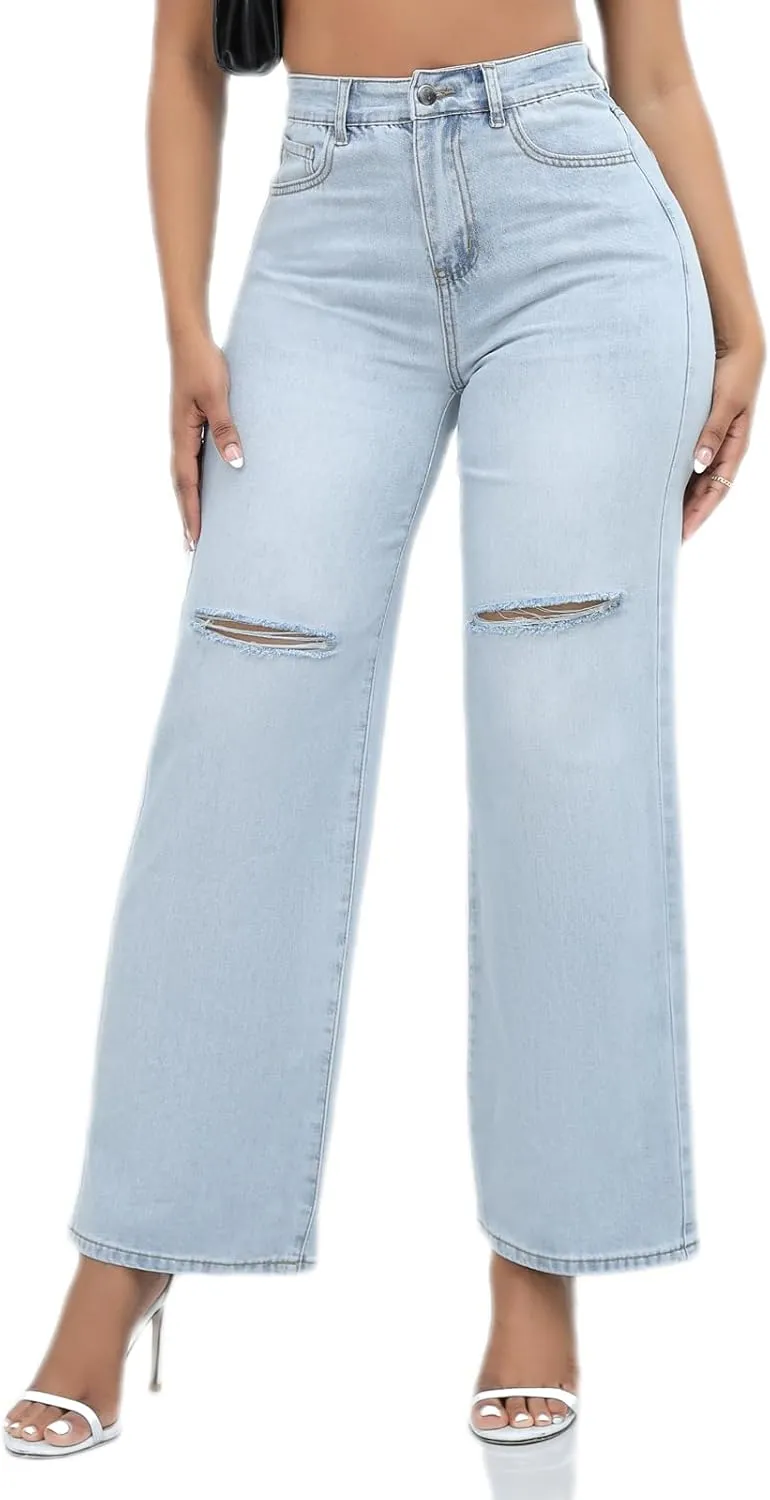 Women Stretchy Distressed Wide Leg Jeans Ripped Mom Baggy Straight Boyfriend Trendy Trouser Denim Pants for Women