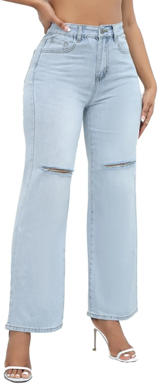 Women Stretchy Distressed Wide Leg Jeans Ripped Mom Baggy Straight Boyfriend Trendy Trouser Denim Pants for Women