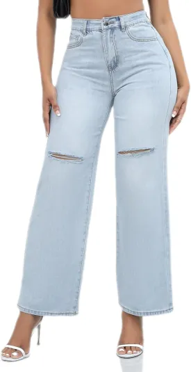 Women Stretchy Distressed Wide Leg Jeans Ripped Mom Baggy Straight Boyfriend Trendy Trouser Denim Pants for Women