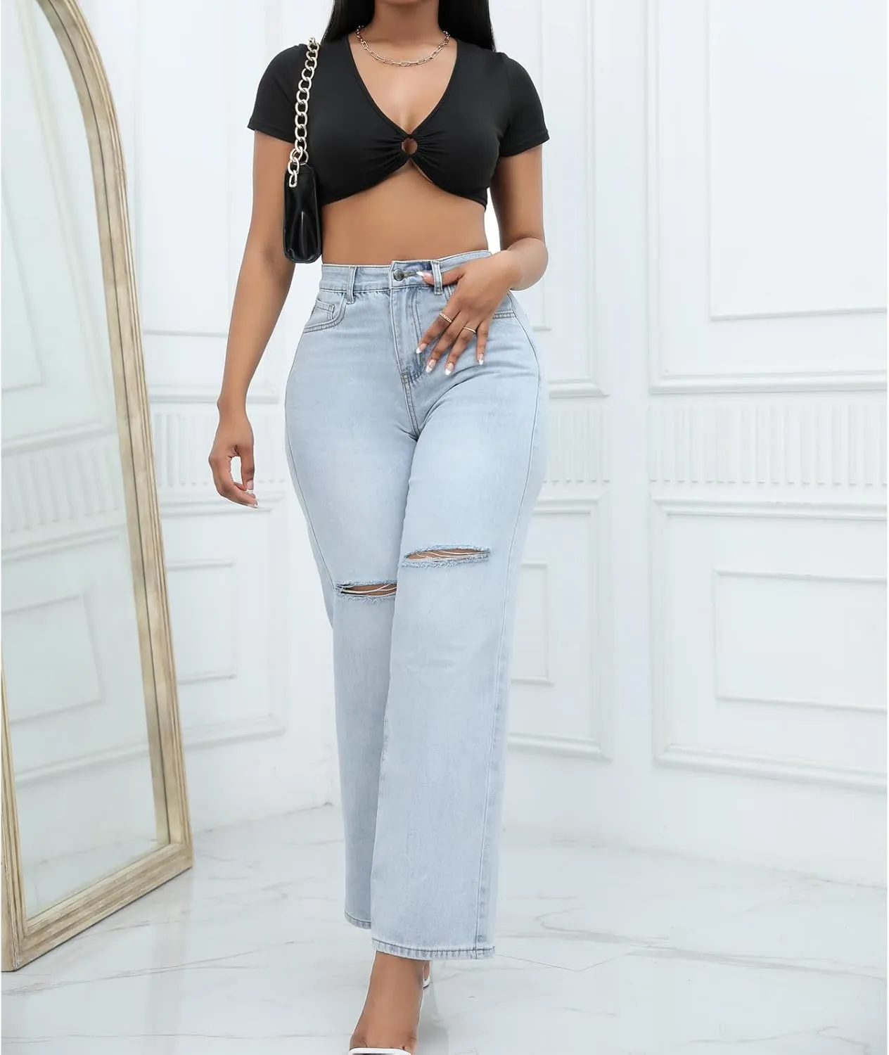 Women Stretchy Distressed Wide Leg Jeans Ripped Mom Baggy Straight Boyfriend Trendy Trouser Denim Pants for Women