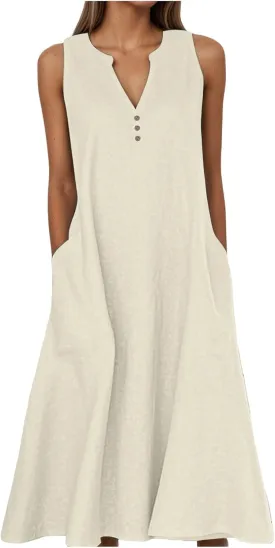 Women's Casual Summer V Neck Sleeveless Button Down Dress for Daily Wear and Vacation Pure Color