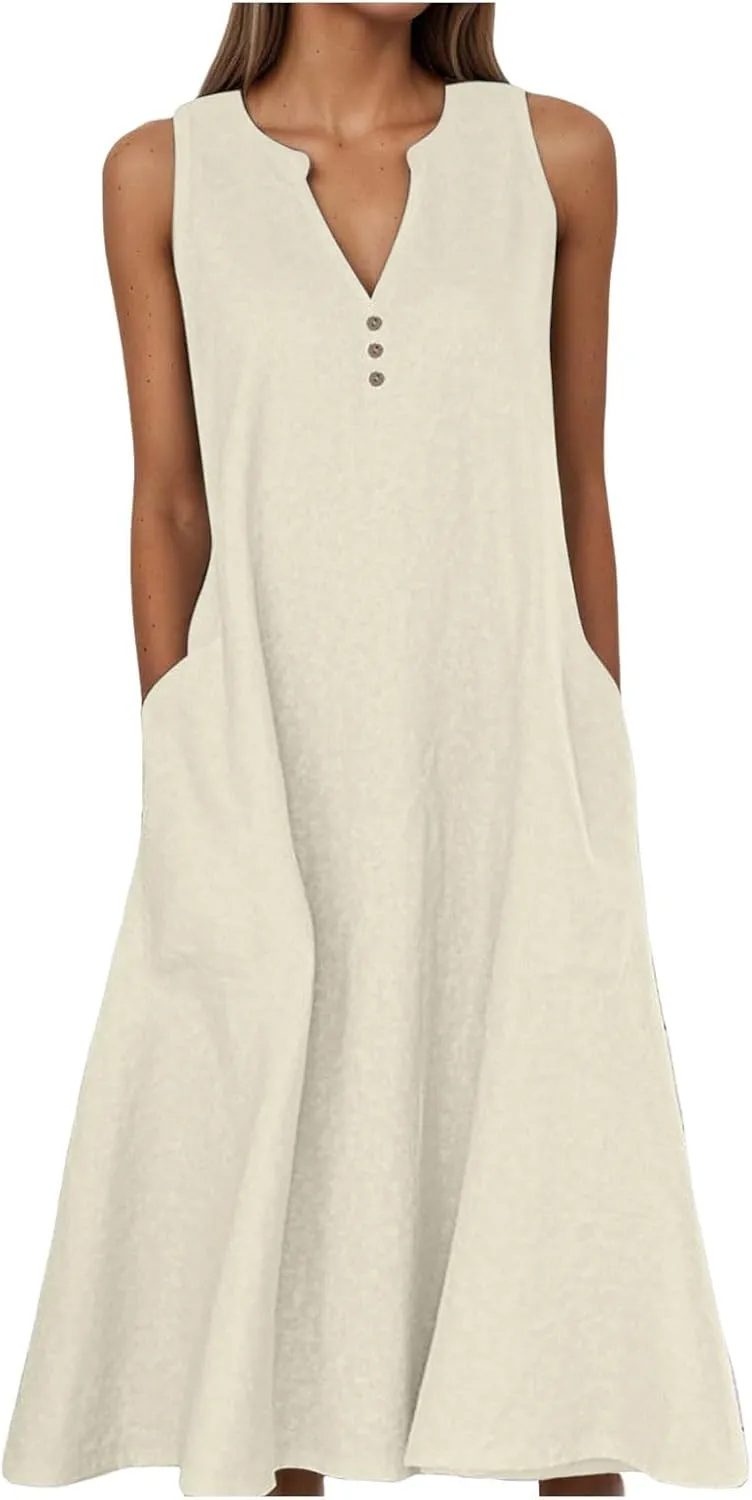 Women's Casual Summer V Neck Sleeveless Button Down Dress for Daily Wear and Vacation Pure Color