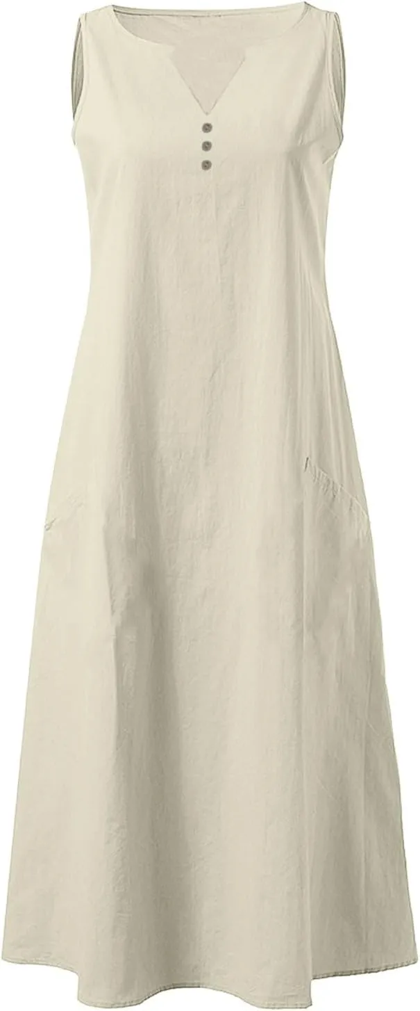 Women's Casual Summer V Neck Sleeveless Button Down Dress for Daily Wear and Vacation Pure Color