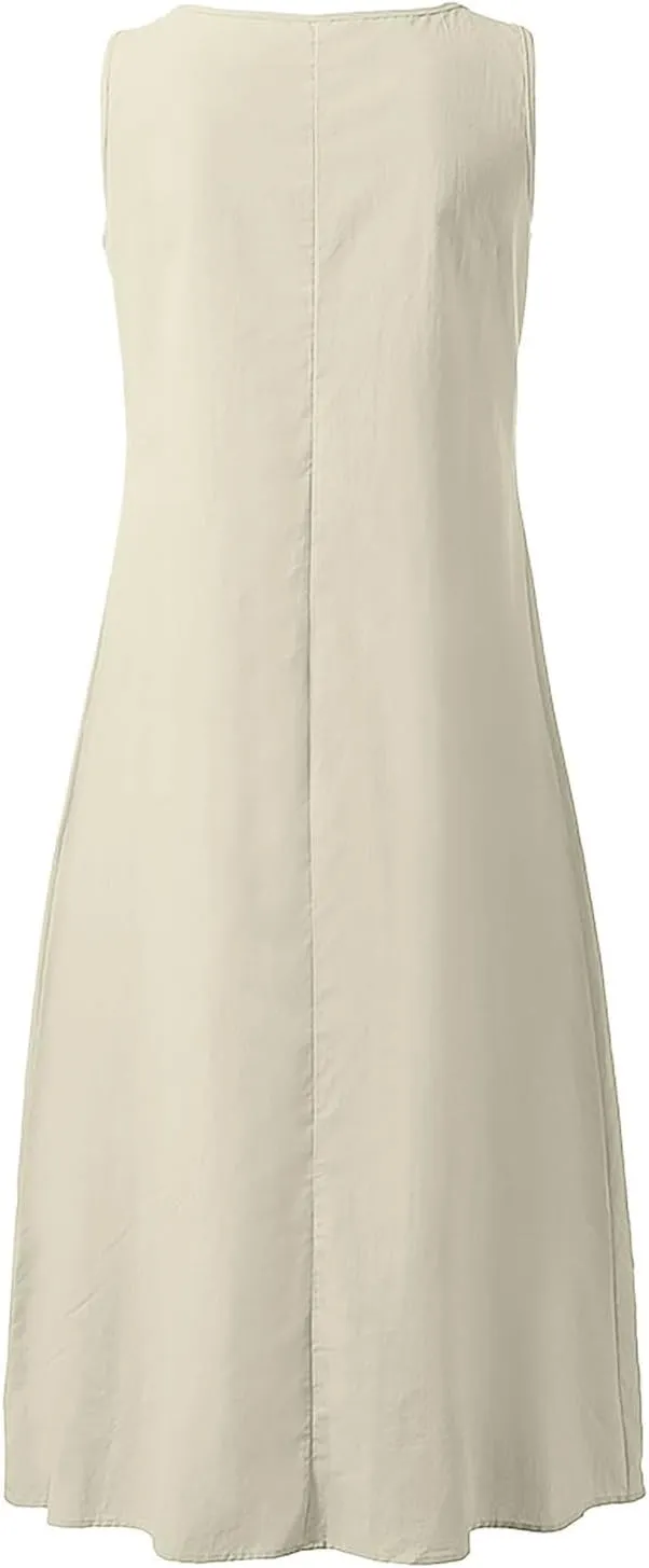 Women's Casual Summer V Neck Sleeveless Button Down Dress for Daily Wear and Vacation Pure Color
