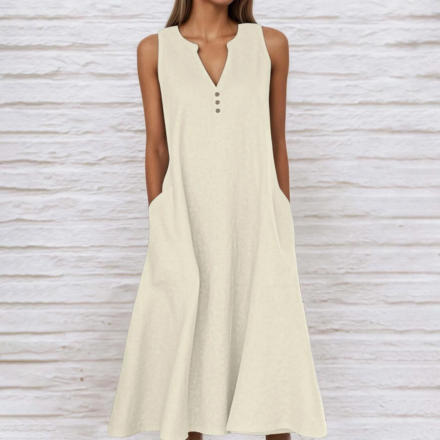 Women's Casual Summer V Neck Sleeveless Button Down Dress for Daily Wear and Vacation Pure Color