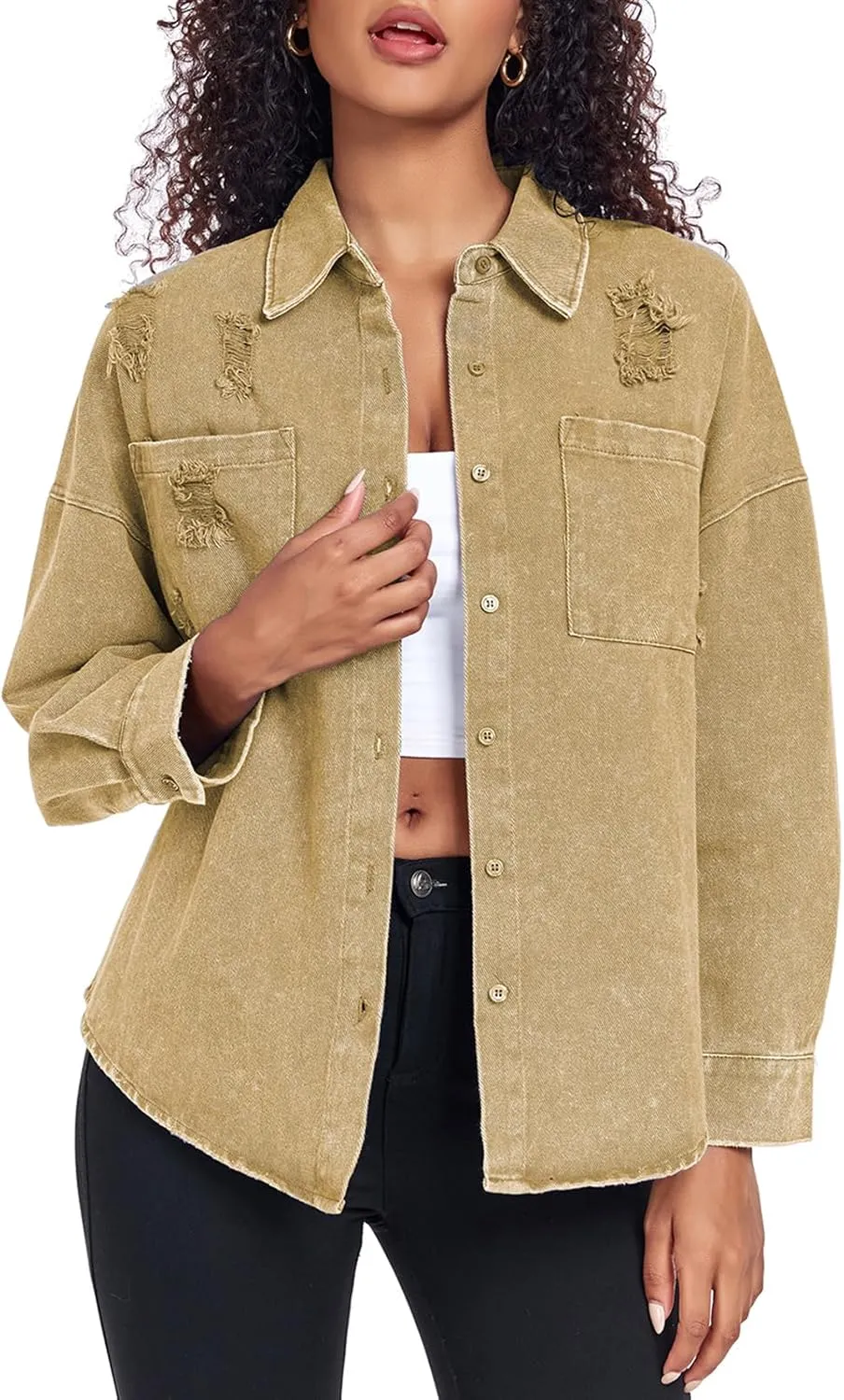 Womens Denim Jacket Oversized Button Down Jean Jacket Boyfriend Ripped Washed Jean Jackets Coat with Pockets