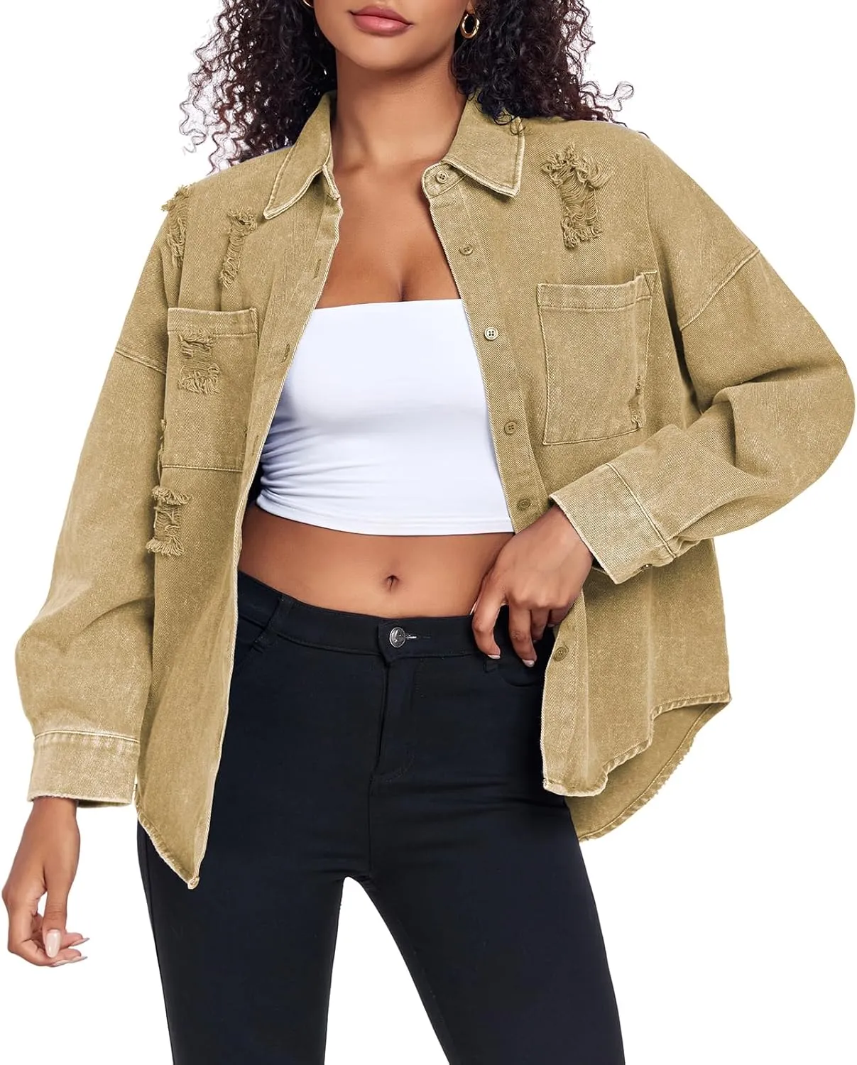 Womens Denim Jacket Oversized Button Down Jean Jacket Boyfriend Ripped Washed Jean Jackets Coat with Pockets